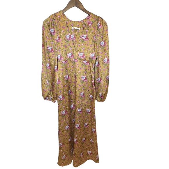 LoveShackFancy Floral Kinnear Satin V-neck Midi Ruby Goldmine Dress Size 00 - Picture 3 of 11